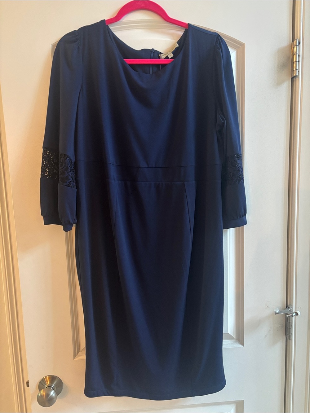 Navy Blue Women's maternity Shift Dress with Lace Sleeves